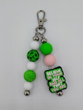 Handcrafted Beaded Keychain w/ Motivational Charm - Green & Pink